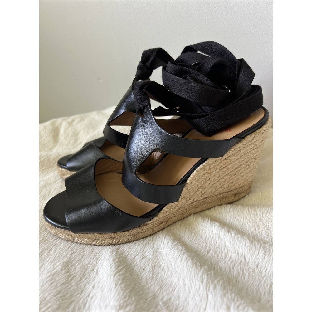 Castaner Black Leather Espadrille Wedge Heel Sandal Shoes Size 37